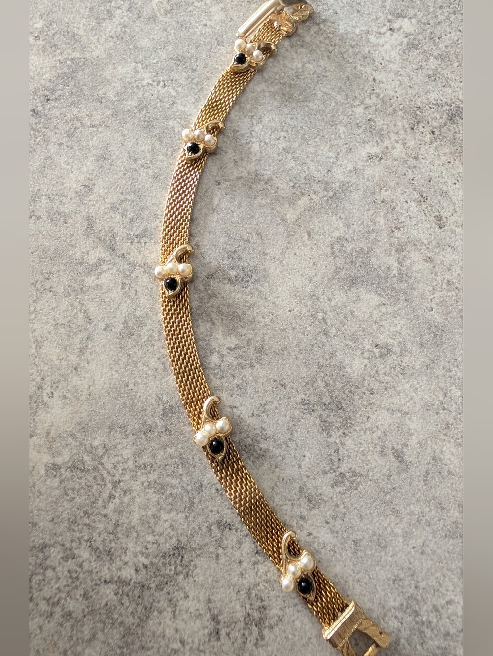Vintage Gold-Tone Faux Pearl & Black Accent Mesh Bracelet